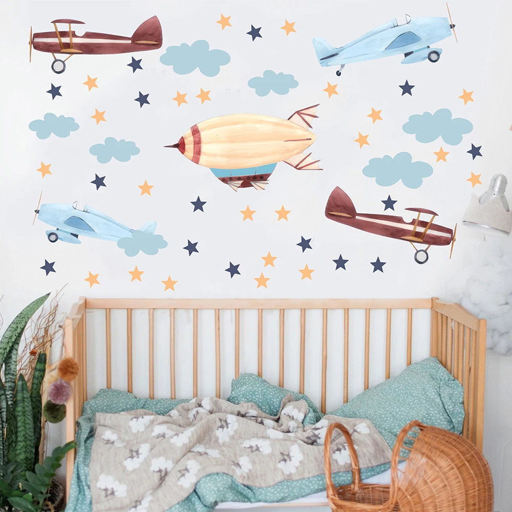 Мультяшный свет, самолет, дирижабль, звезда, стикер на стену, детская комната, облако, самолет, настенная наклейка, игровая комната, виниловый домашний декор