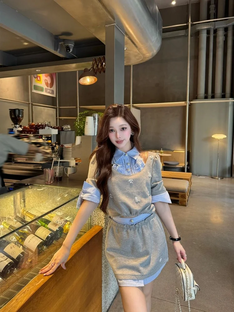 

6JONIbyBEB Summer Blue White Stripes Fabric Patchwork ey Pearl Button Layered f Skirt Stand Fit A-Line Commute Sle