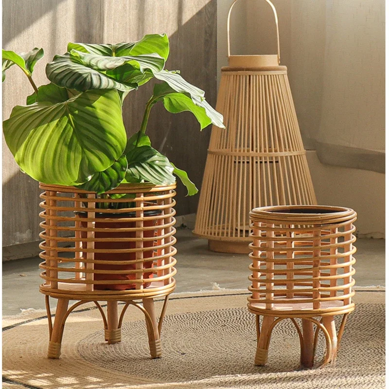 Soporte de viento nórdico para plantas de suelo interior, diseño de tejido de ratán de imitación, estante para plantas, macetas prácticas y versátiles