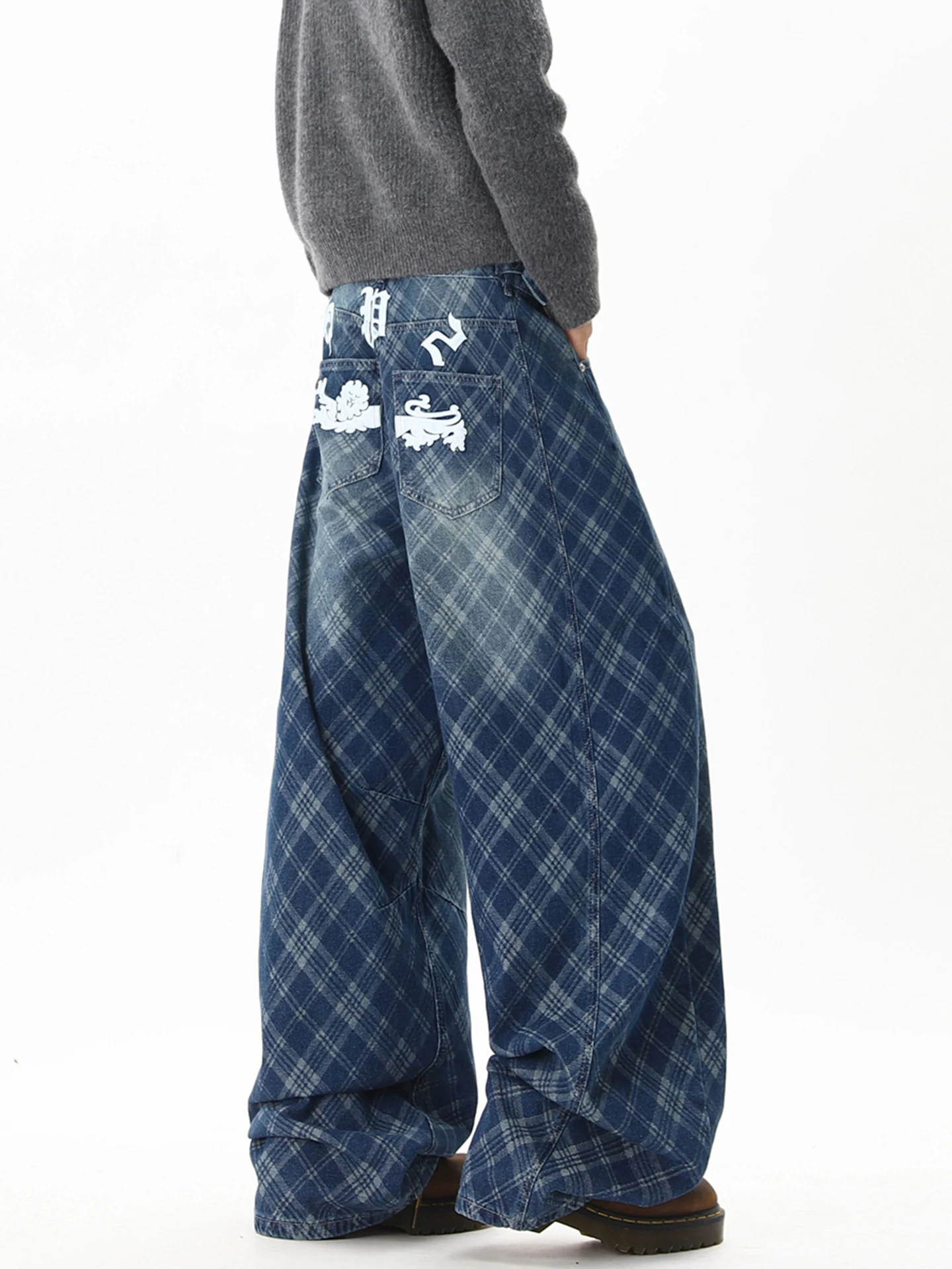 

Cleanfit American High Street Plaid Wide Leg Men's Jeans Spring New Trend Brand Design Straight Blade Pants Casual Cotton Pol...