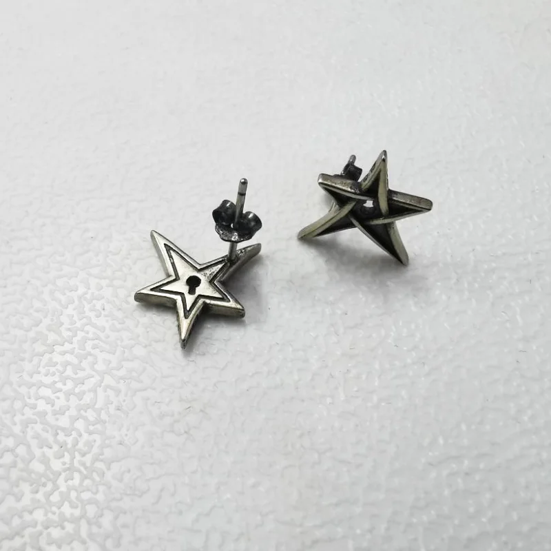 2024 New 100% Truly Antique 925 Sterling Silver Stud Earrings Five-Pointed Star Earrings For Women Unisex Hiphop Rock Jewelry