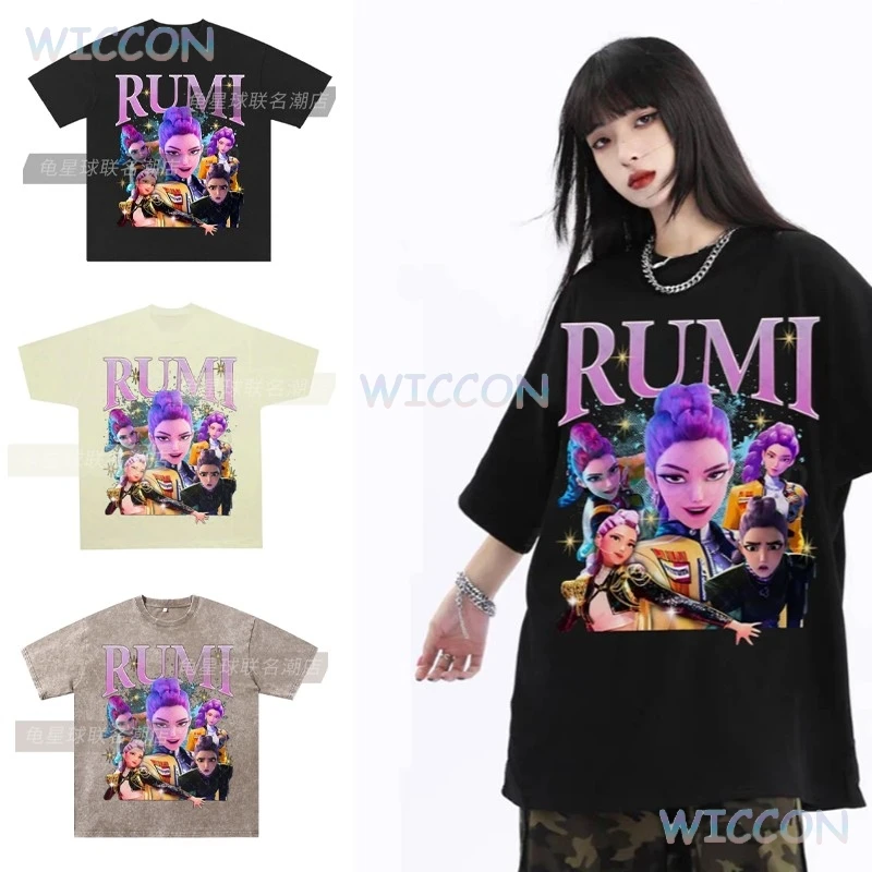 Anime K-Pop Demon Hunters Rumi Cosplay Oversize Washed T-shirt Women Men Vintage O-Neck Short Sleeve T-Shirt