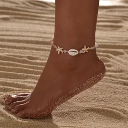 Bohemian style starfish shell mixed with round bead women's anklet