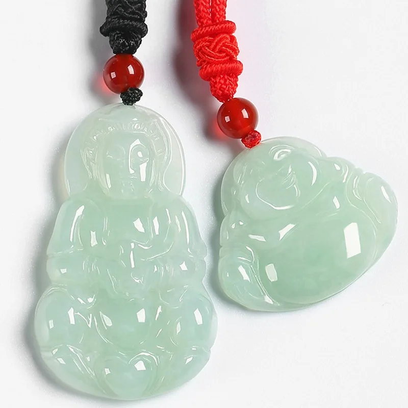 

Myanmar Jadeite Avalokitesvara Smiling Buddha Necklace Natural Jade Goddess Pendant Men's and Women's Maitreya Budd