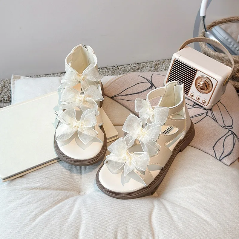 

Girls Sandals 2025 Summer New Lace Bows Sweet Kids Roman Shoes Children Fashion Princess Shoes Soft Sole Outdoor Beach Shoes