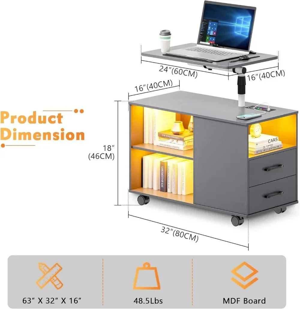 Height Adjustable Nightstand with Laptop Tray, LED Bedside Tables with Charging Station, Modern Night Stand Side