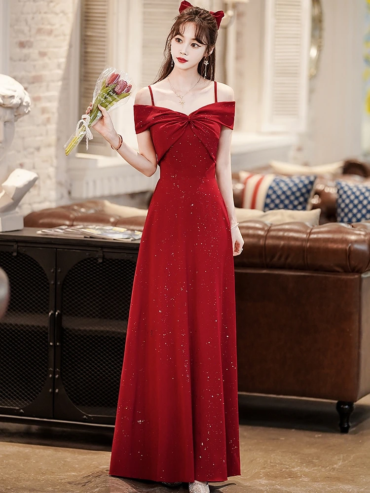 Wine Red Off Shoulder Evening Dresses Sequins Suspender Slim Fit Maxi Dress Prom Party Dress  Formal Banquet Guest Dress