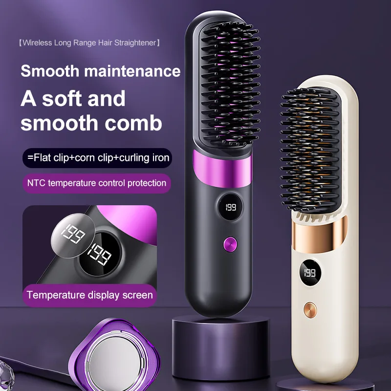 Portable Wireless Straightening Brush, 4 Temperature Settings Suitable for All Hair Types, USB Rechargeable Hair Styling Tool