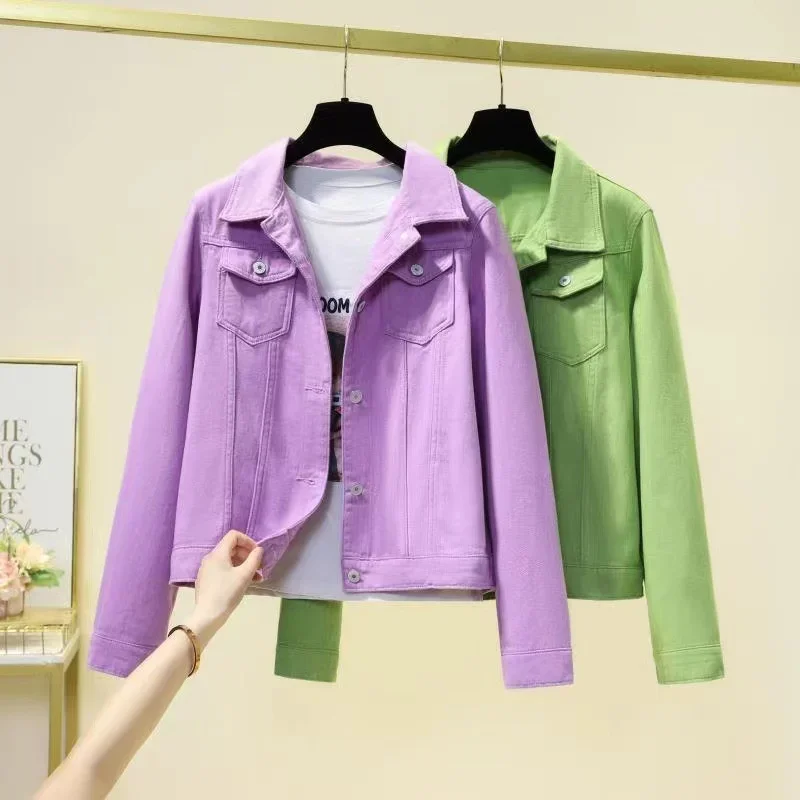 

Поп Candy Colors Уличная одежда Женская короткая джинсовая куртка Шикарное джинсовое пальто Леди Розовый Белый Тонкая маленькая верхняя одежда Женские топы Весна Autu