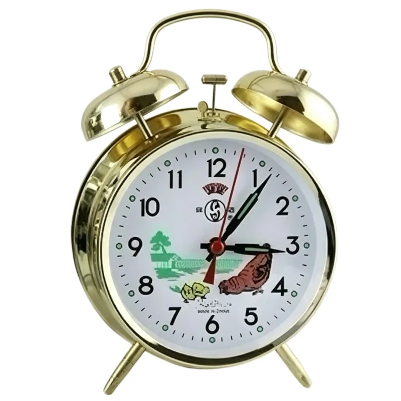 Vintage wind-up pointer mechanical alarm clock dynamic chicken eats rice metal movement nostalgic retro bell clock