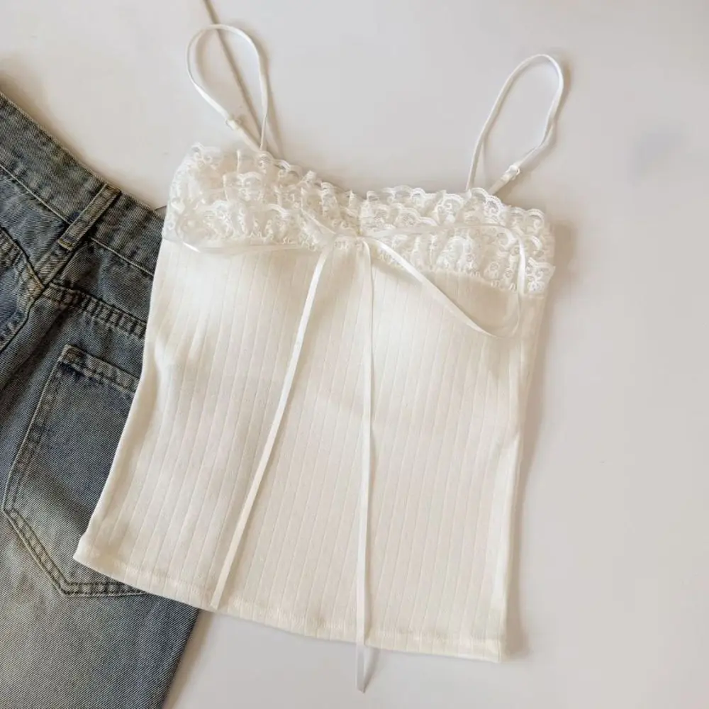 Modisches Schleifen-Slim-Spitzen-Crop-Top Süßes Unterhemd Mädchen-Weste Sommer-Camisole im Spice-Girls-Stil mit Polstern für Damen – Detail 9