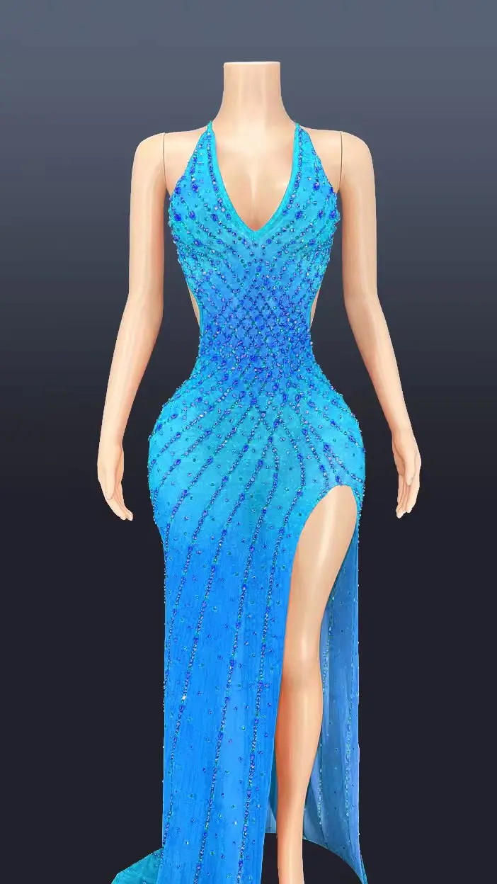 Vestido largo transparente de malla con cuello Halter para mujer, vestido de noche con cristales brillantes, ropa de escenario Sexy con Espalda descubierta, fiesta de cumpleaños