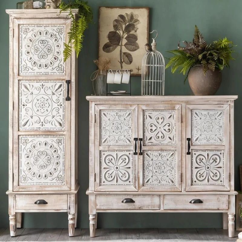 

French side cabinet solid wood retro carving old living room against the wall side cabinet storage American entrance