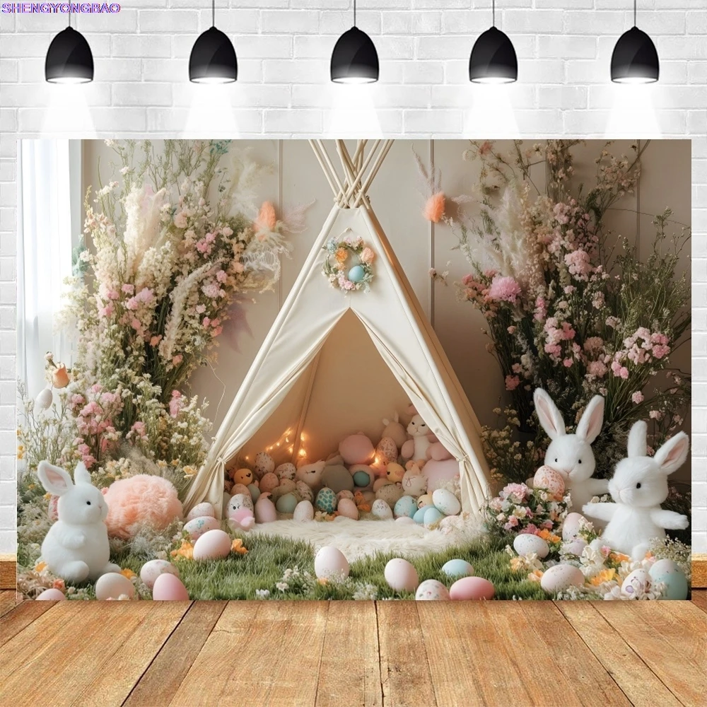 ربيع عيد الفصح التصوير خلفية بوهو زهرة خيمة الأرنب الملونة البيض أرنب الاطفال حفلة عيد ميلاد ديكور خلفية استوديو الصور