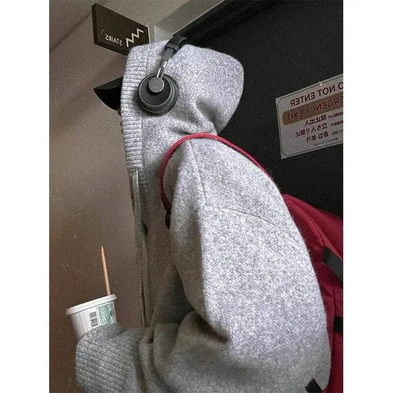 Unisex Hoodies Men's Grey Hooded Knit Sweater Women Autumn Winter Korean Vibe Retro Cleanfit Woolen Jacket Coat