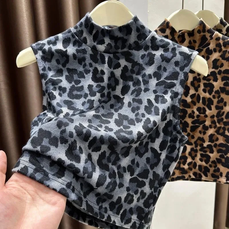 سترة نسائية بدون أكمام قميص برايمر جديد بنصف الياقة العالية صدرية فضفاضة سترات مطبوعة بنقشة الفهد بلوفر علوي للسيدات