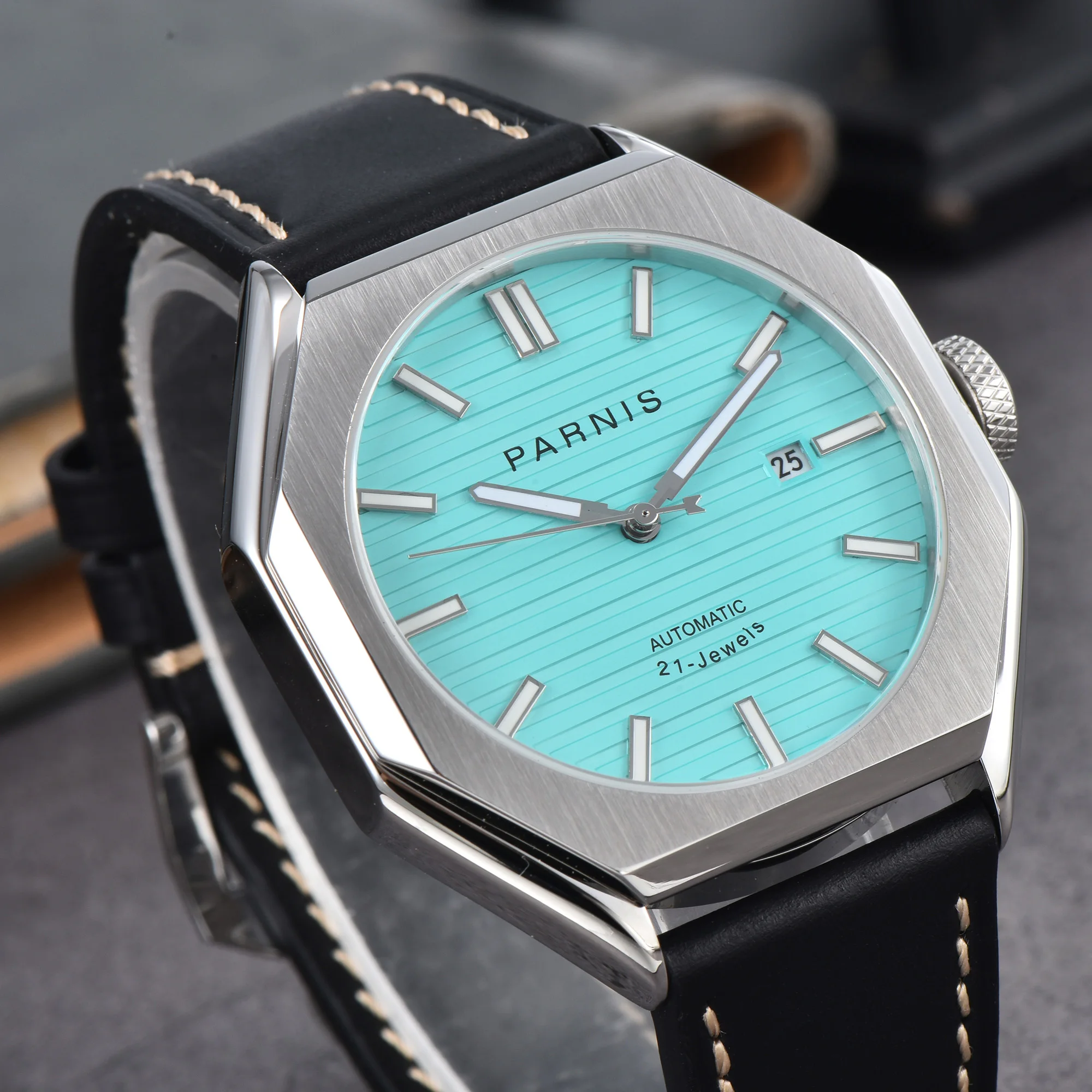 Nuovo Parnis 43mm quadrante blu orologio automatico da uomo cinturino in pelle cristallo di zaffiro Miyota 8215 orologio meccanico da uomo reloj hombre 2025