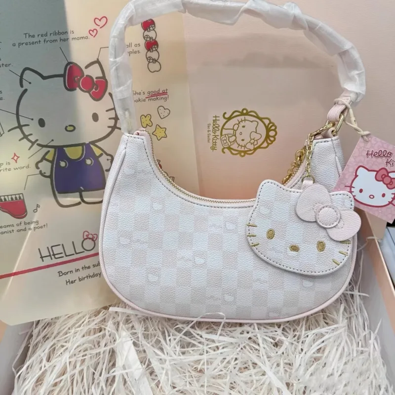 Miniso Hellokitty Y2k Half Moon Underarm Bag Plaid Kawaii Shoulder Bag Girl Cute Kitty Pendant Pink Handbag Damska torba Harajuku Bag