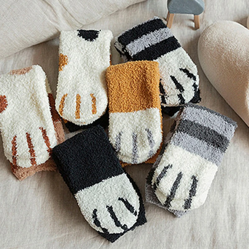 Warme Socken Bodensocken Socken für Mädchen Hochwertige Socken Korallen samt Schnees ocken Herbst und Winter Frauen mittellange Socken Katze Krallen niedlichen Cartoon verdickte warme Bodens ocken für