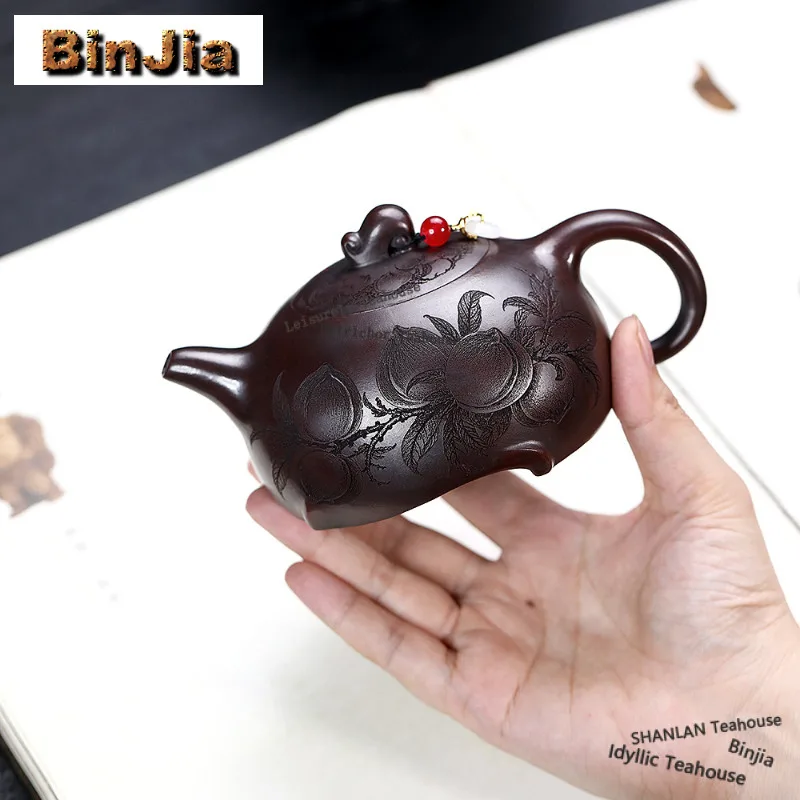 

280ml High-end Yixing Purple Clay Teapots Handmade Peach Pot Raw Ore Ancient Black Mud Kettle Zisha Tea Set Ornaments Gifts