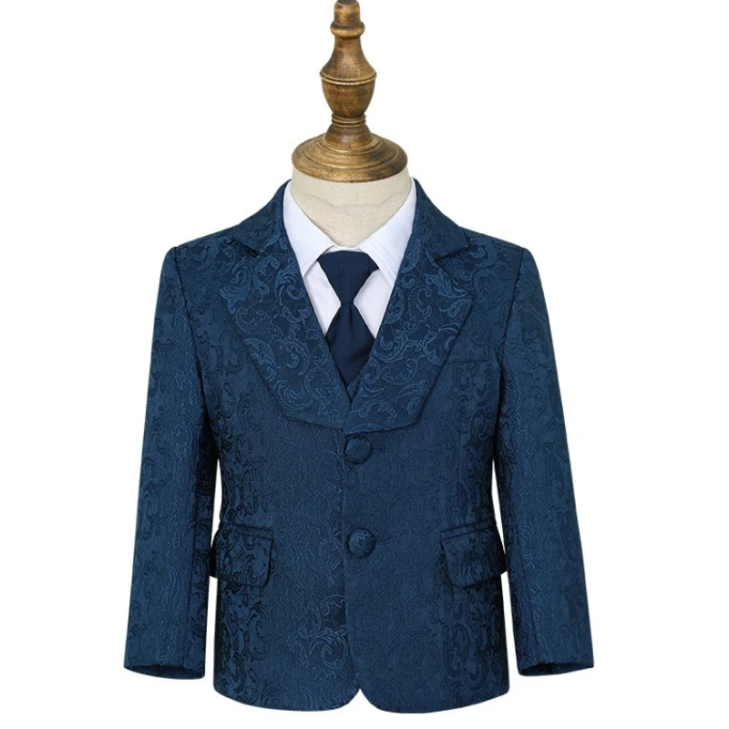 Elegant Floral Embossed Kids Blazer Two-Button Lapel Design Formal Suit Jacket for Boys Weddings Birthday Photo Shoots Outerwear