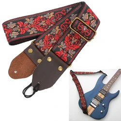 Vintage Flower Guitar Strap Genuine Leather Bohemia Style Woven Embroidery Fabric Electric Acoustic Guitar Bass Strap Belt