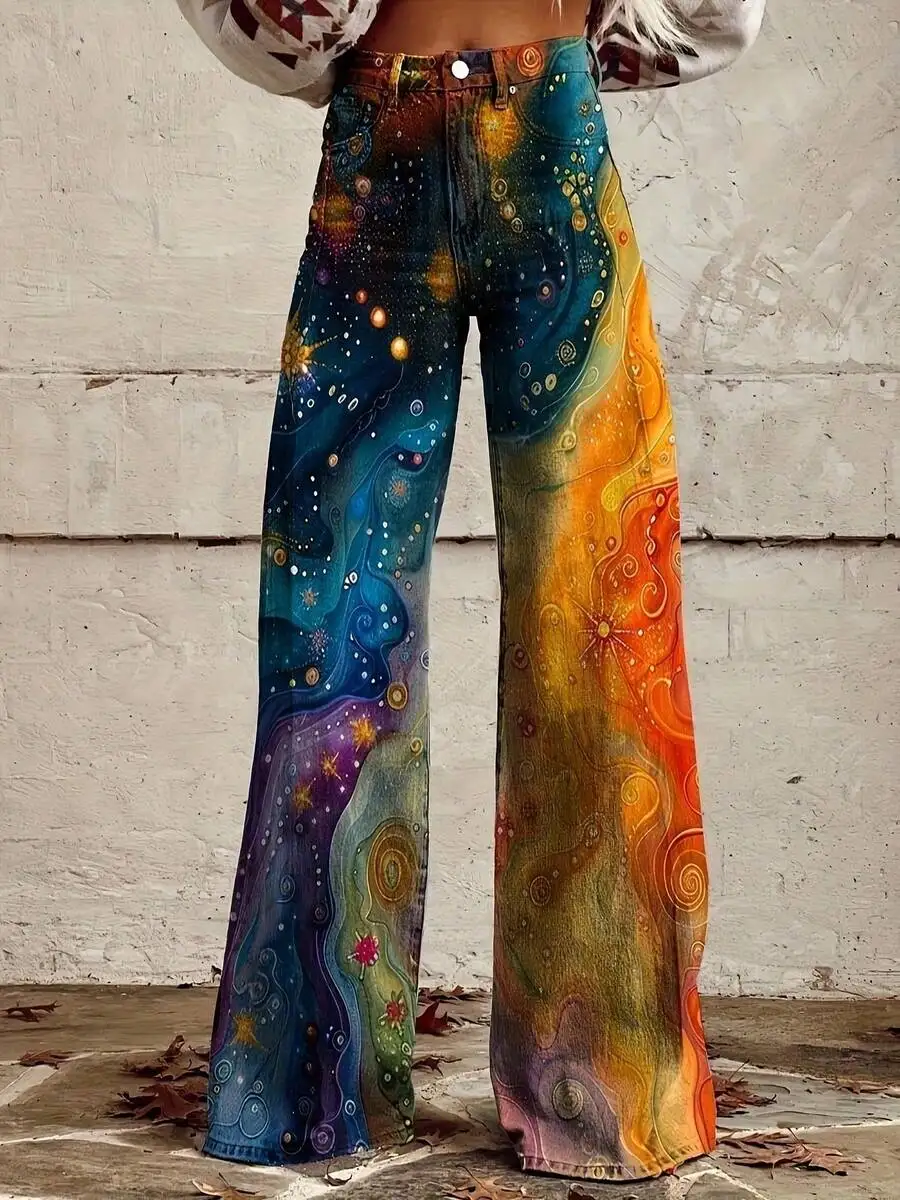 

Womens Bohemian Wide Leg Jeans Galaxy Print Button Fly Non Stretch Casual Pants