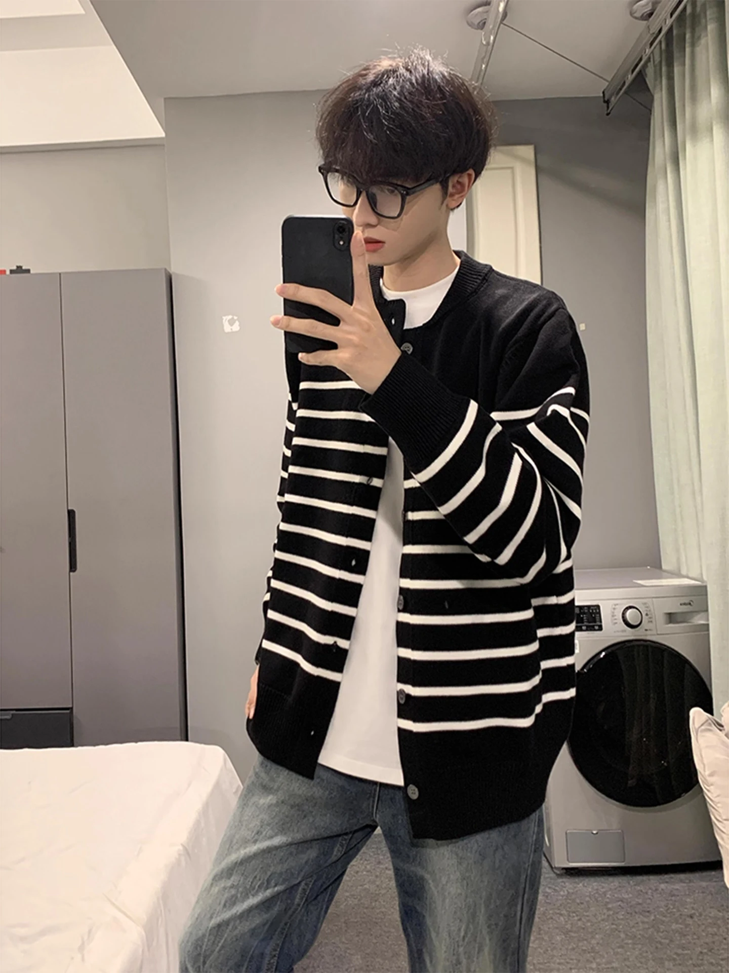 

Мужской полосатый кардиган-свитер с круглым вырезом, мягкий, свободного кроя, повседневный, с длинными рукавами, вязаный, базовый слой