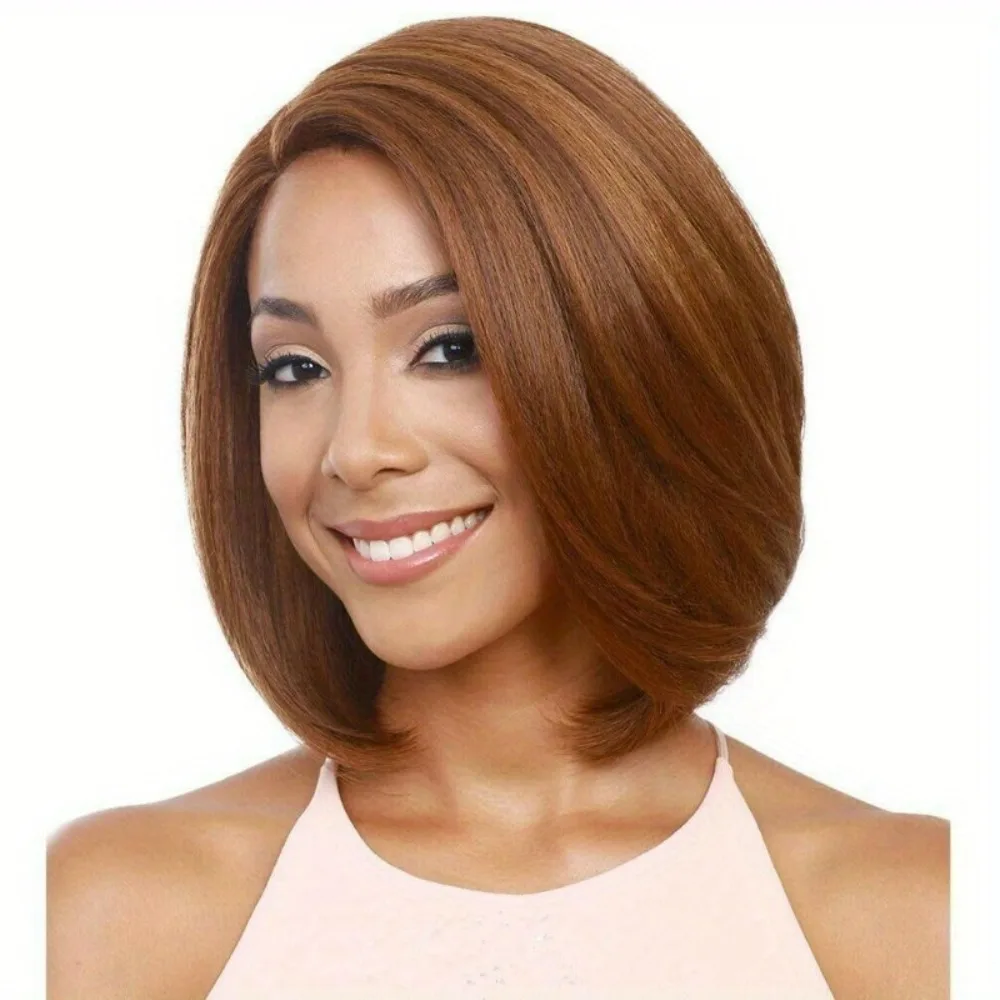 Short Brown Highlights Bob Synthetic Wigs for Women Straight Wig with Side Bangs, Perfect for Everyday Outings, Photoshoots, Parties, Commuting, Casual Wear