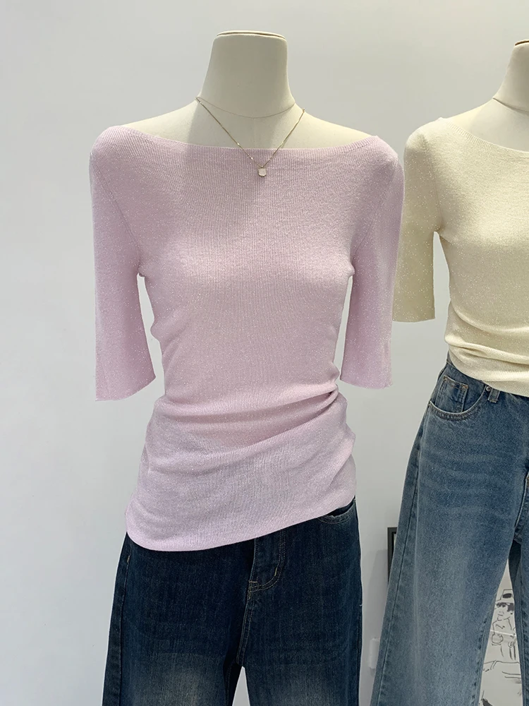

Korean Sle Beautiful ey One-oulder Five-Sve Knitted Sweater Women Summer New oulder Slimming Mid-Sve Sm...