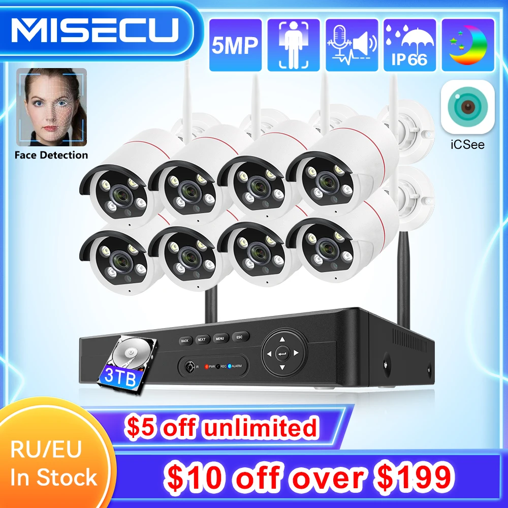 

MISECU 5MP 8CH Wireless Security System Outdoor WIFI Face Detect Audio Recorder Vision Video Surveillance Protection ONVIF Kits