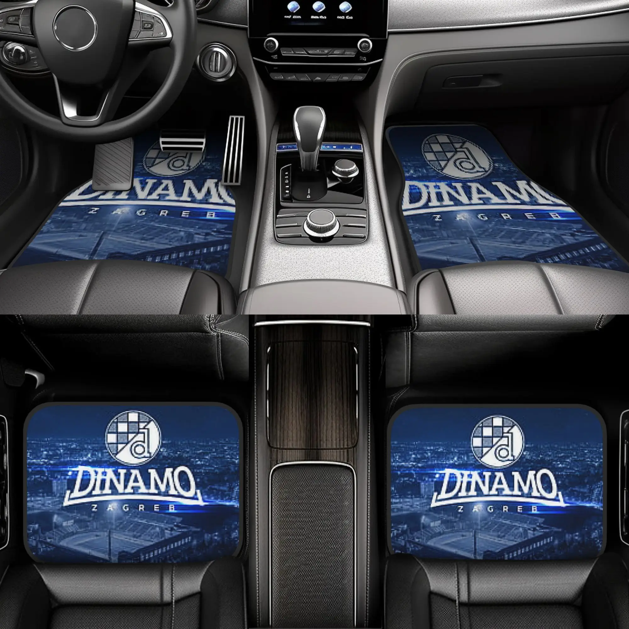 Set Of 4 Car Floor Mats Featuring The Dinamo Zagreb Football Club, Designed With A Blue And White Map Of Zagreb. They Have A Non