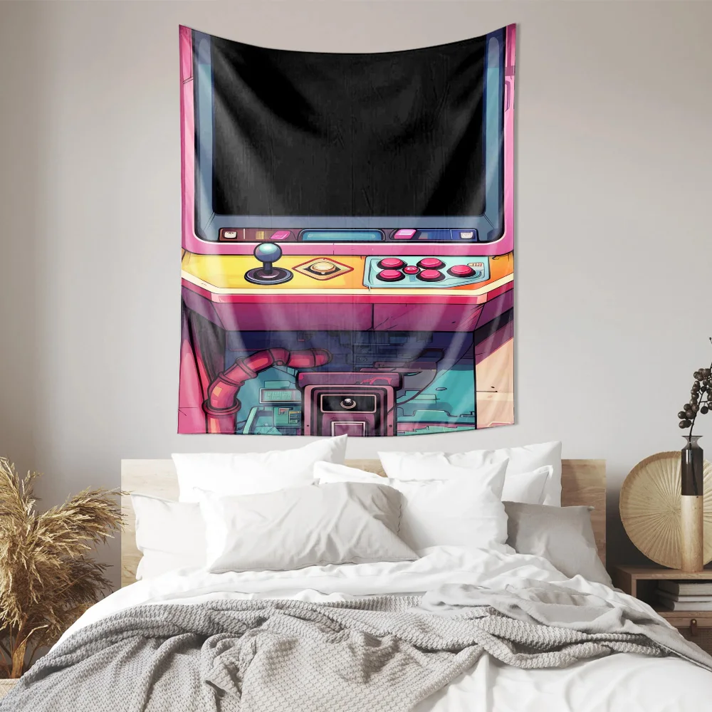 Retro Arcade Machine Game Console Tapestry Vibrant Pink Yellow Blue Design Machine Washable All Season Decor Home non-toxic