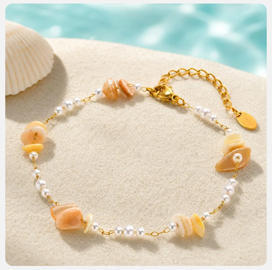 Vnox Boho Unregelmäßige Muschel-Halskette und Fußkette für Frauen, Edelstahl, vergoldet, mit Imitationsperlen, Schlüsselbeinkette, Strand-Schmuck – Detail 11