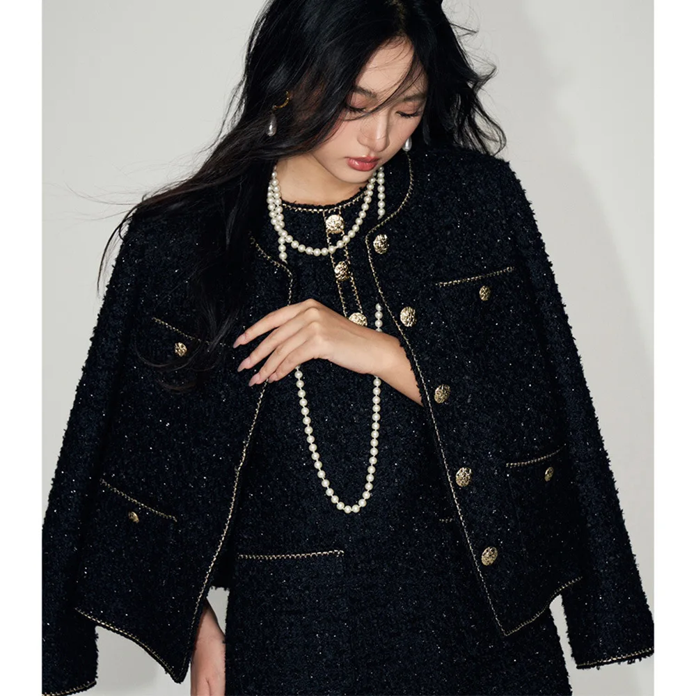 

26 Spring New French High Quality Silk Woven Tweed Short Wool Top Coat