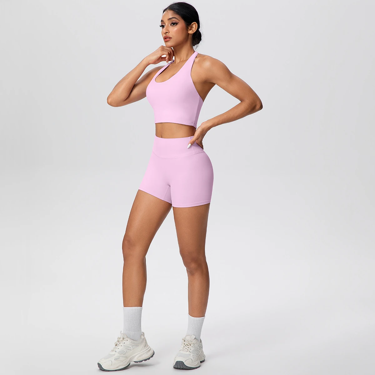 2picese Women Yoga Suit Solid Color High Waist Hip Push Up Fitness Shorts Sexy Pilates Backless Gym Hanging Neck Bra Yoga Set - Image 5