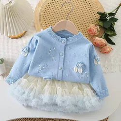 Korean version of children's clothing new autumn girl's trendy love knit sweater cardigan sweater top+mesh fluffy dress 2PS