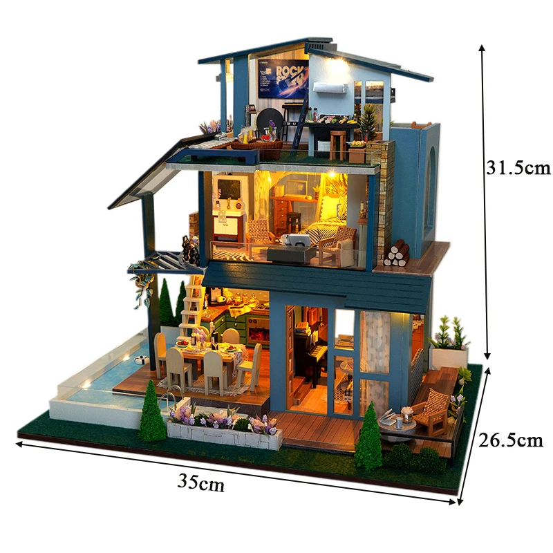 NUOVO fai da te in legno Sunshine Forest grandi case delle bambole Casa kit modello in miniatura casa delle bambole con mobili per amici regali di compleanno
