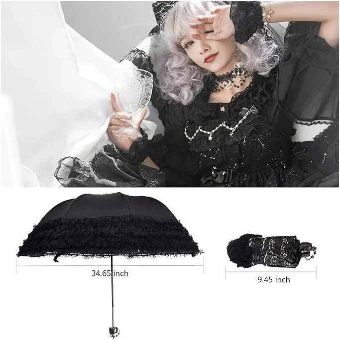 Guarda-chuva Vintage de Renda Dobrável Gótico Lolita, Proteção Anti-UV, Guarda-chuva de Sol, Adereço Fotográfico, Sombrinha para Meninas