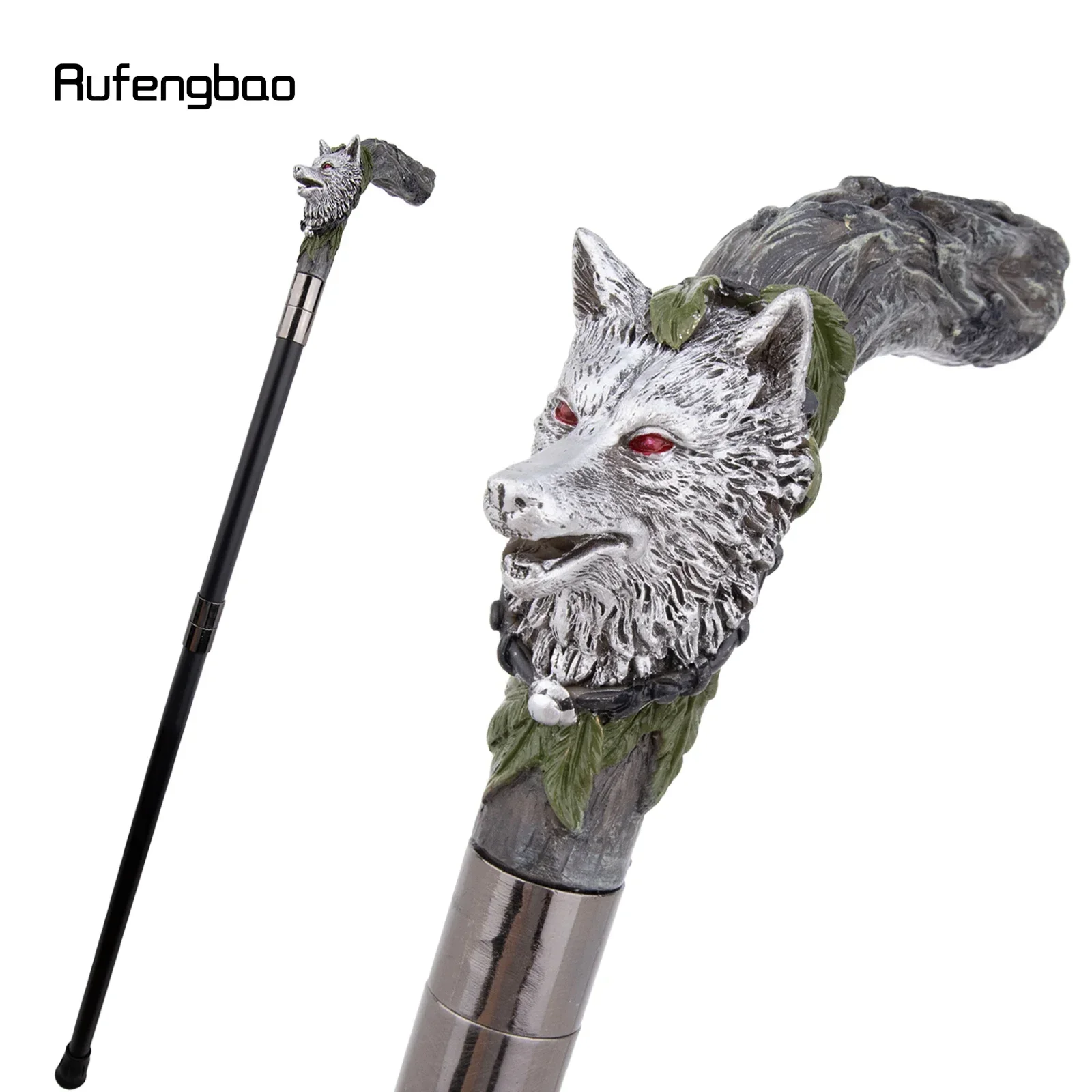 Silver Resin Wolf Head Tree Root Walking Cane Stick for Cosplay, Steampunk & Everyday Use with Deluxe Box 93cm