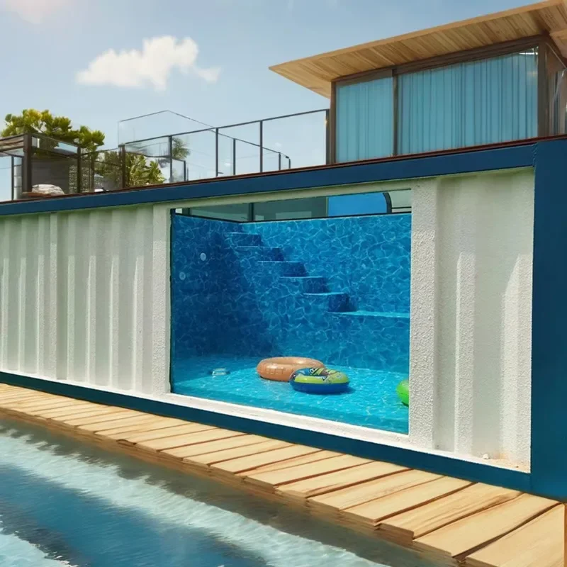 Magic House-contenedor de envío de piscina de acero, 20 pies, 40 pies, gran suelo de madera para exteriores, Villa, Hotel, oficina, apartamento, piscina