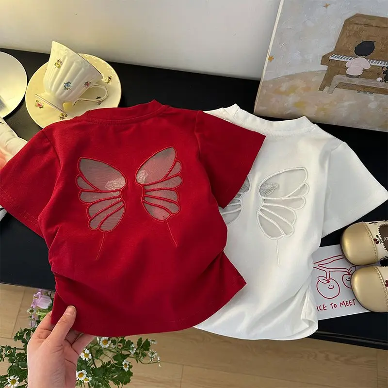 Children's Clothing Girls Back Hollow Butterfly Short-sleeved T-shirt 2025 New Summer Clothing Slim-fitting Versatile Trendy Top