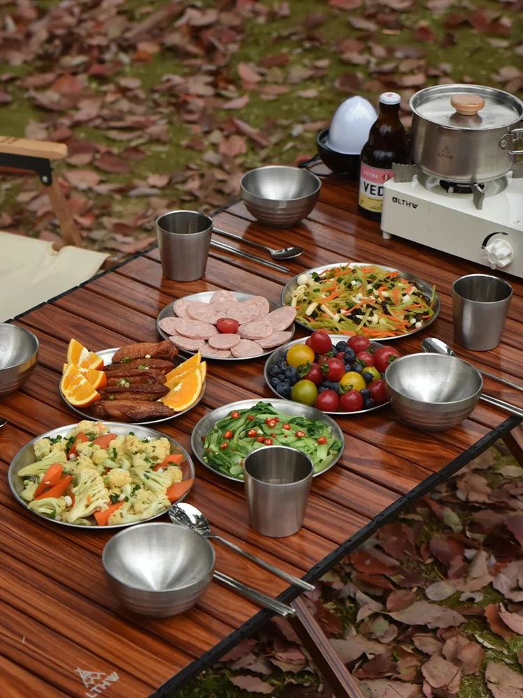 Portable Set Camping Supplies Equipment Picnic Bowls Cups Chopsticks Spoons 304 Stainless Steel