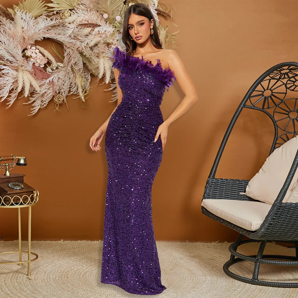 

Luxury Sequined Feather Dresses One Shoulder Slanted Collar Backless Purple Long Dress Women Birthday Party Event Gowns New Styl