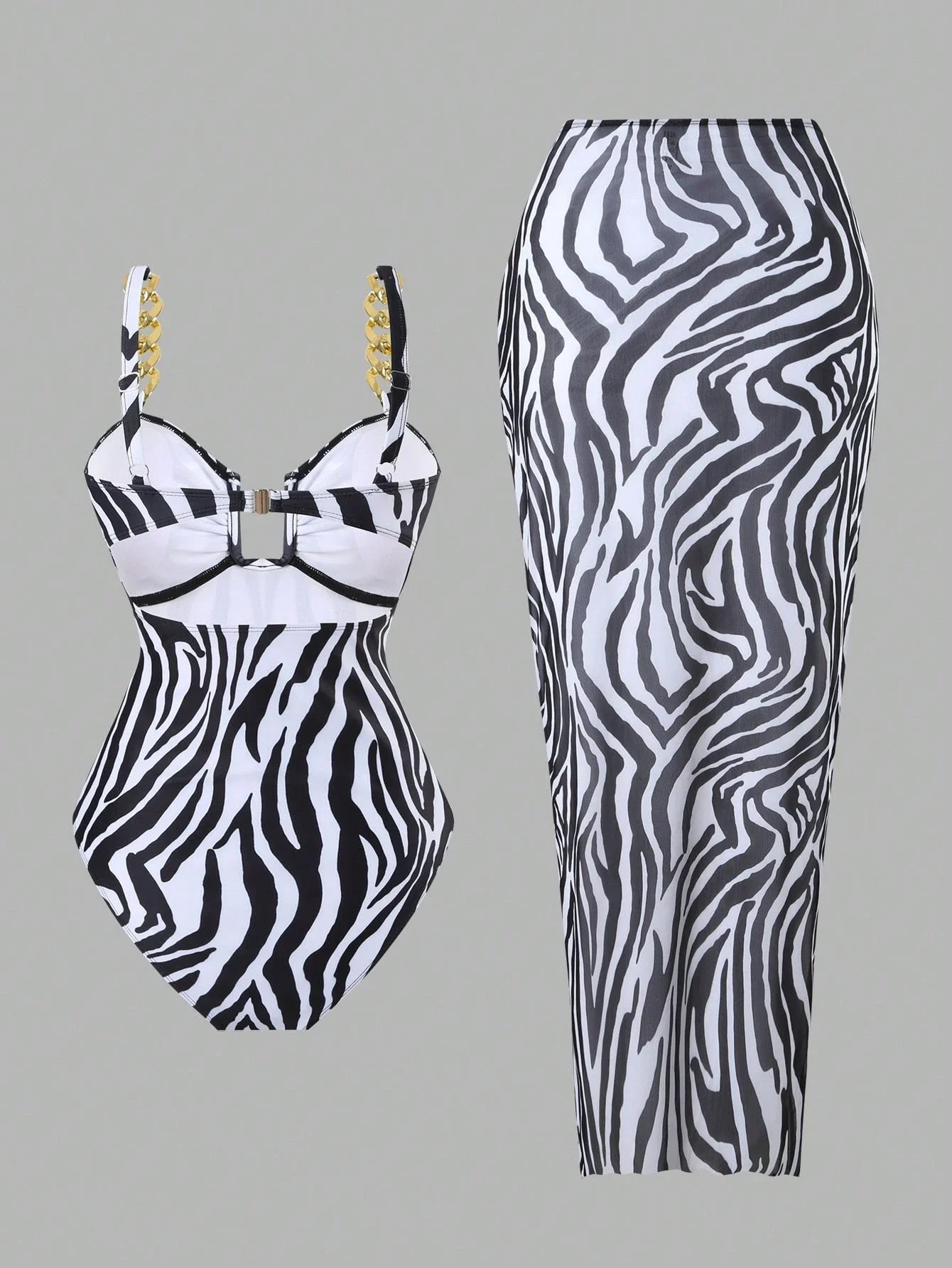 

Цельный купальник с цепочкой на бретелях и принтом зебры, с сетчатой юбкой