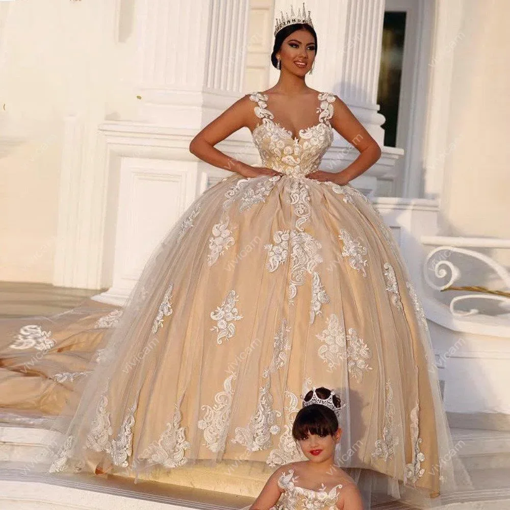 

Customized Modern Champagne Lace Wedding Dresses Sweep Train Robes De Mariage Ballgown Bridal Gowns