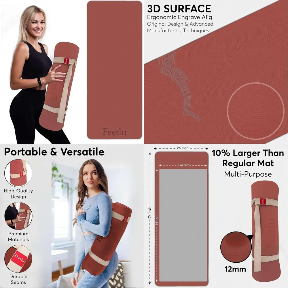 

Толстый коврик для йоги 12 мм — нескользящий, амортизирующий, для пилатеса, тренировок, с ремнем