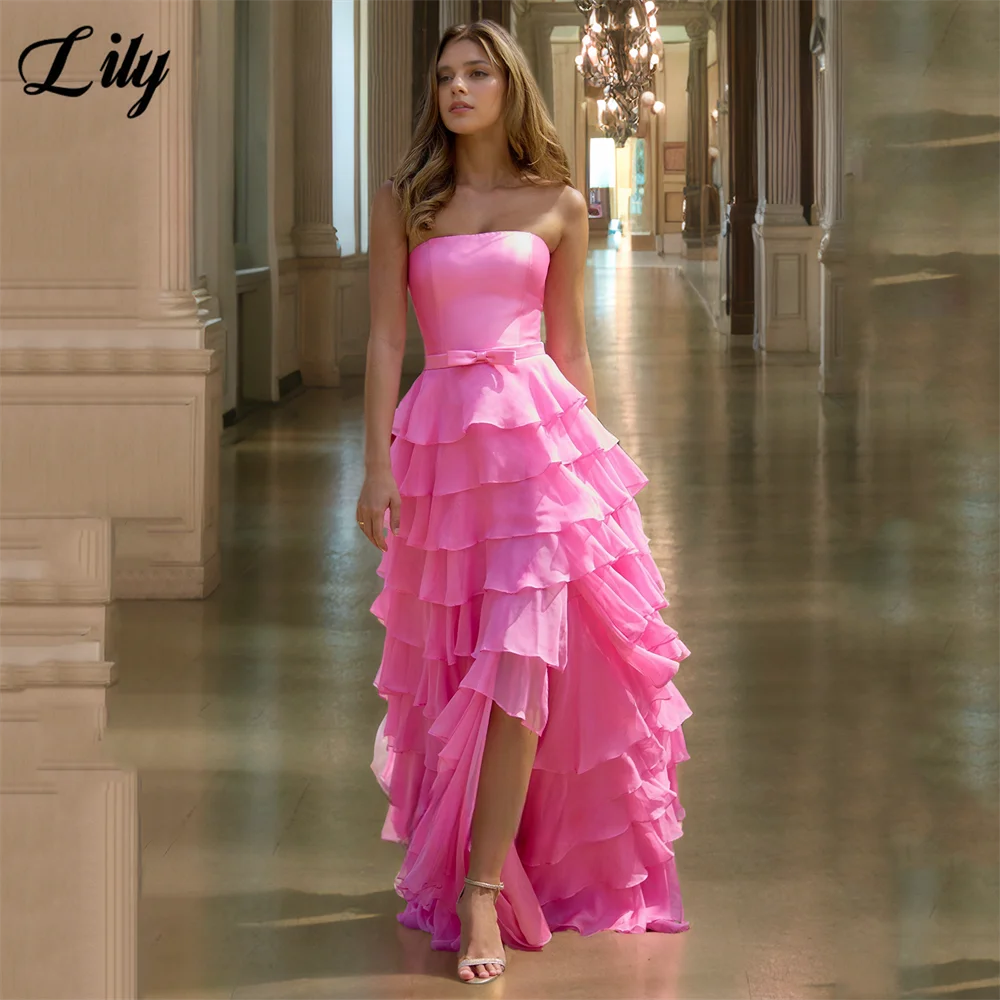 

Lily Pink Layer Party Dresses Strapless Tiered Ruffle فساتين السهرة with Bow High Slit Evening Dresses Customized