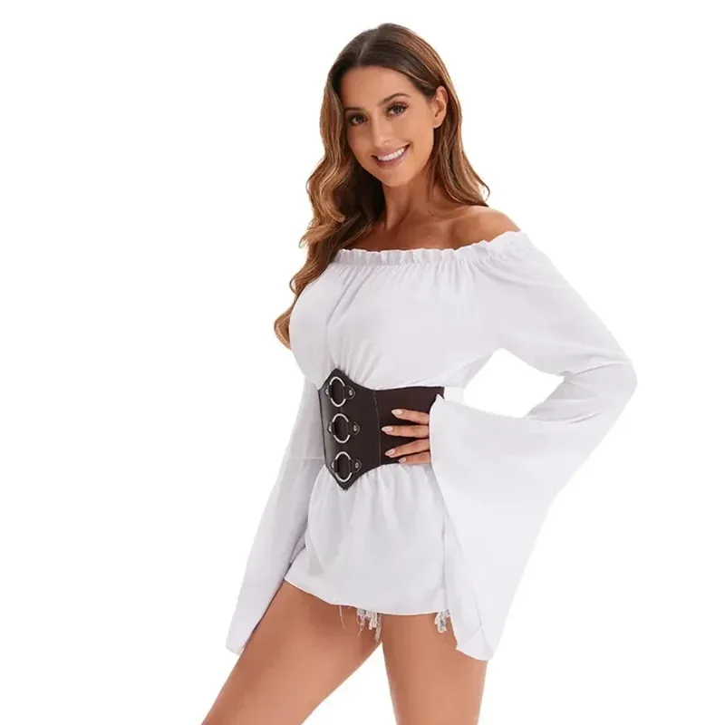 

Medieval Viking Women Pirates Cosplay Costume Long Sleeve White Black Shirt Renaissance Female Role Play Tops Halloween Partys;3
