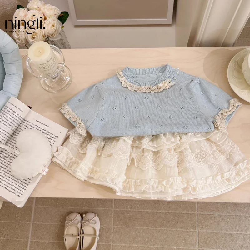 

Girls' Sweet Summer Knit Short Sleeve SetTLace Baby Girl Cake Skirt Two-Piece Set Trendy Style